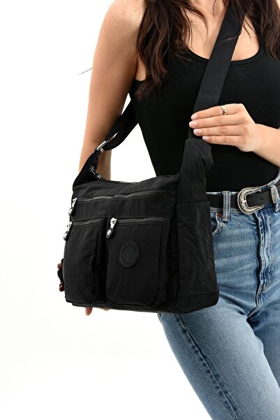 Sanmorris Large Size Black Crinkle Shoulder Bag - Water Resistant