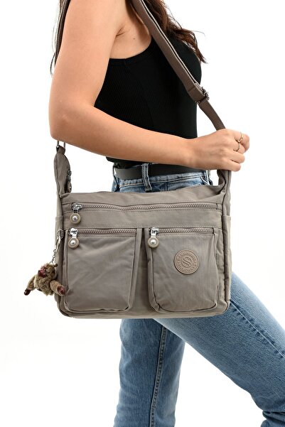 Sanmorris Mink Colored Water Resistant Large Size Women's Shoulder Bag - Crinkle Fabric