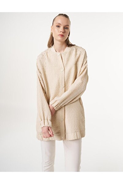 Kayra Taş İşlemeli Gofreli Ceket - Krem