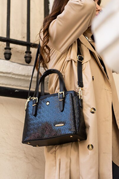 Sanmorris حقيبة كتف وحقيبة يد نسائية ذات حزام طويل مكونة من 4 أقسام باللون الأسود مع إكسسوارات ذهبية