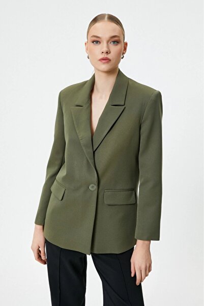 Saade Haki Kadın Tek Düğmeli Dokuma Kruvaze Blazer Ceket - Kuşaklı