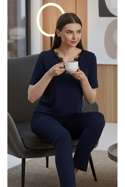 ÇAĞ MODA Viscose Knitted Lace V-Neck Short Sleeve Pajamas Set
