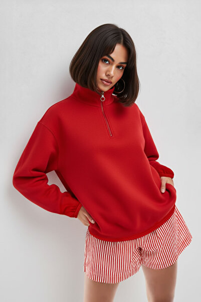 MARKAPIA WOMAN Rochie de sport roșie pentru femei, cu jumătate de fermoar, cu fleece în interior