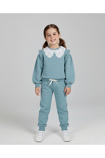 Ege Bebek Girl's Embroidered Collar, Elastic Legs, Unprinted, Ruffle Detailed, Oversize, Two-Bottom-Top Children's Set