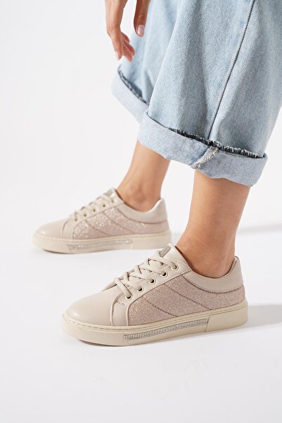 Moda Pie Pantofi sport cu talpă Kapes Taban, cu pietre decorative, din piele bej