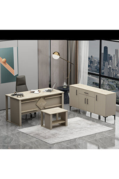 Betroya Boss Ofis Takımı 3'lü Set - Masa Sehpa Konsol Kumtaşı - Traverten (Sa...