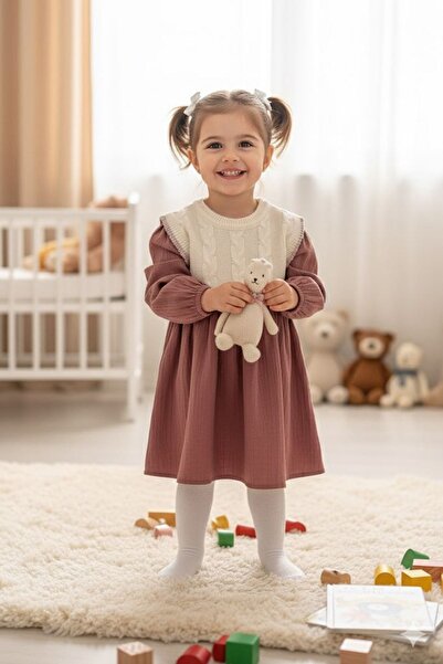 Minigimin Cicileri Miniğimin Cicileri Triko Süeterli Kız Çocuk Keten Elbise - Gül Kurusu