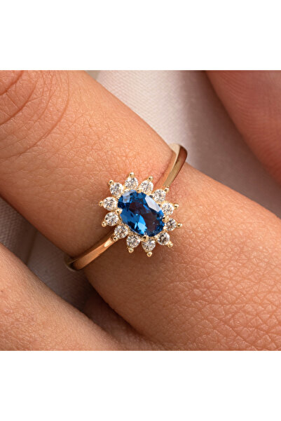 FasekGold Gümüş Yüzük - 1.05 Karat Safir Topaz 0.30 Karat Pırlanta (Signty) T...