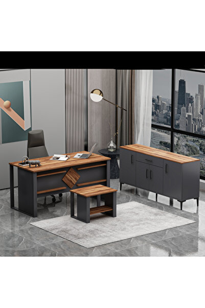 Betroya Boss Ofis Takımı 3'lü Set - Masa Sehpa Konsol Antrasit - Kemençe (San...