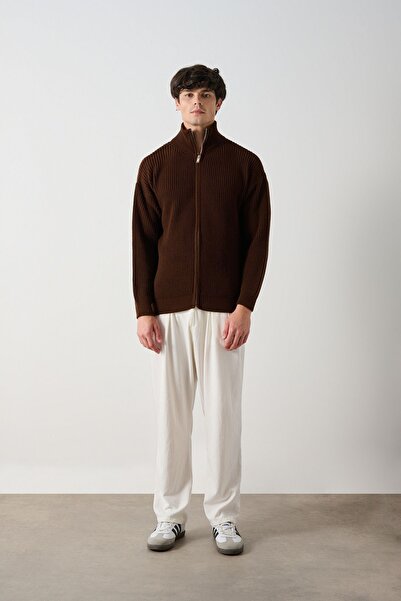 İLKCET MODA Καφέ Premium Πλεκτή Ζακέτα Σελανίκης με φερμουάρ, Oversize Unisex