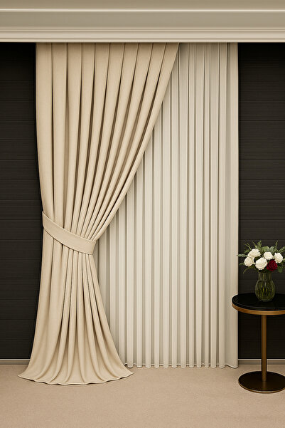 Emuz Nova Keten Fon Perde Ekru Krem 1 / 3 Sık Pileli (tek Kanat ) Tül, Pano, Fon, Blackout,