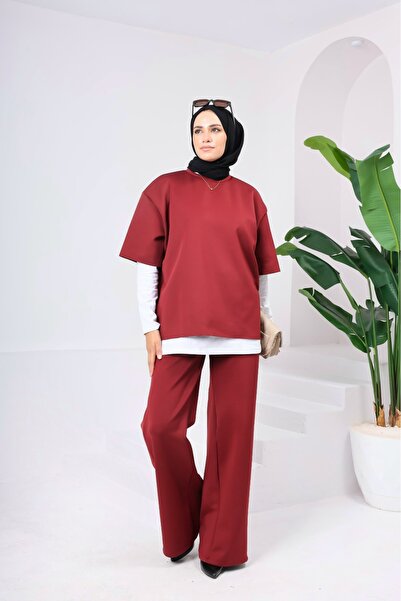 onlymoon Women's 3-Piece Set ♦   Scuba Fabric ♦   Bordeaux ♦   High Waist Wide Leg Pants with Pockets ♦   Casual Stylish Outfit