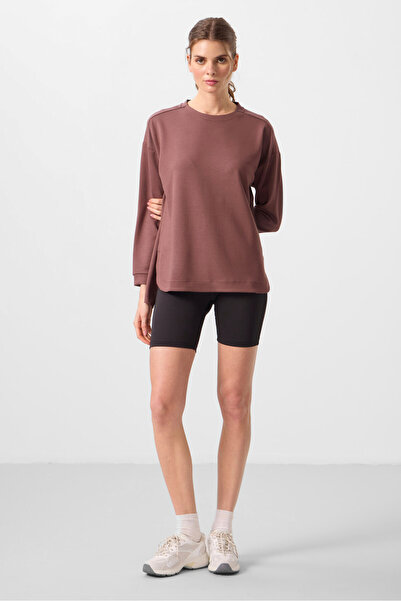TOMMY LIFE Brown Soft Textured O Neck Comfortable Form Women's Tunic Sweatshirt - 97305