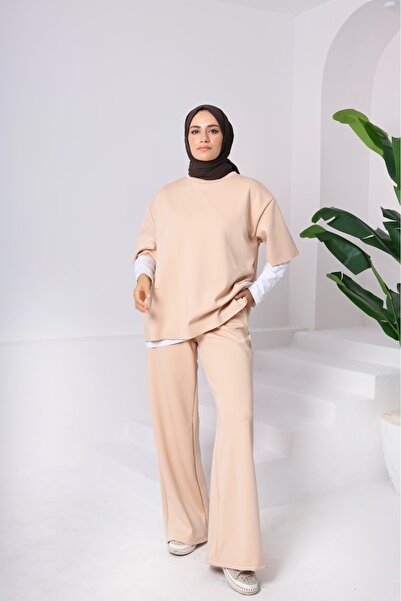 onlymoon Women's 3-Piece Set ♦   Scuba Fabric ♦   Beige ♦   High Waist Wide Leg Pants with Pockets ♦   Casual Stylish Outfit