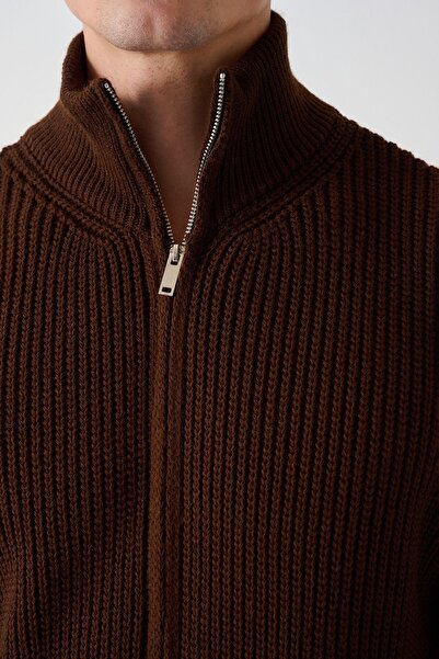 İLKCET MODA Καφέ Premium Πλεκτή Ζακέτα Σελανίκης με φερμουάρ, Oversize Unisex