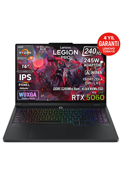 LENOVO Legion Pro 5 16ADR10 AMD Ryzen 9 8940HX 32GB 1TB SSD RTX 5060 8GB 16" WQXGA 240Hz Freedos 83LT005RTR