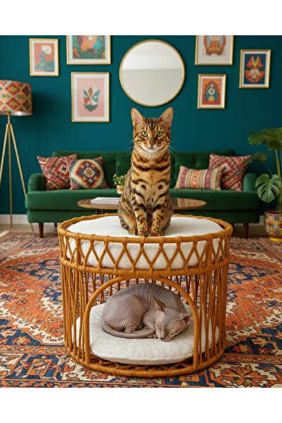 Reyo Çift Katlı Kedi Yatağı Kedi Ranzası, İskandinav Kedi Evi Kahverengi