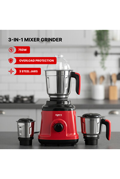 Ogera خلاط ومطحنة ٧٥٠ واط | محرك عالي التحمل، ٣ أوعية من الفولاذ المقاوم للصدأ، متعدد الاستخدامات للطحن والخلط