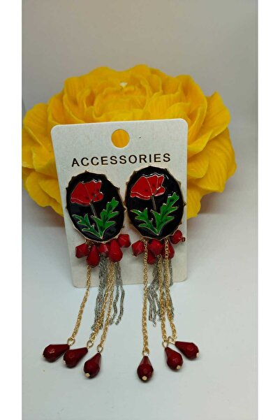 Sedaccessories Küpe,kırmızı gelincik desenli sallantılı