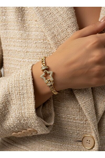 LA PERRY ACCESSORIES سوار من الفولاذ الذهبي مع سلسلة مرصعة بالأحجار الكريمة ع...