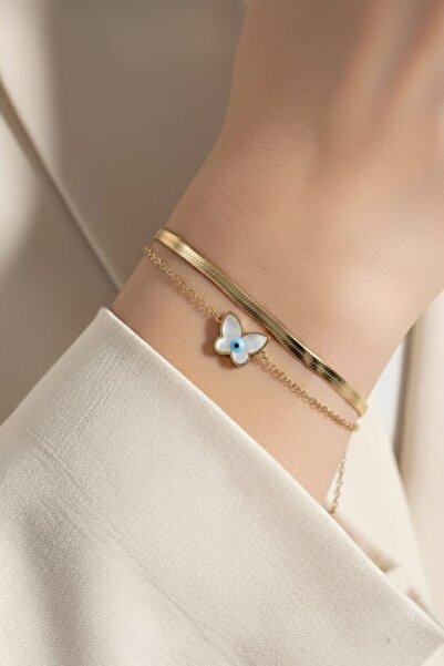 LA PERRY ACCESSORIES 2-PIECE BUTTERFLY FIGURE GOLD STEEL BRACELET