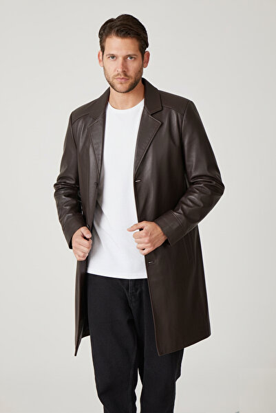 Deriderim Kahve Tarkan Düğmeli Astarlı Trençkot Erkek Hakiki Deri Kaban