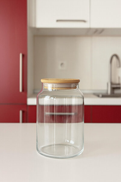 YDGR 1 Adet Bambu Kapaklı Vakumlu Borosilikat Cam Kavanoz 600ml