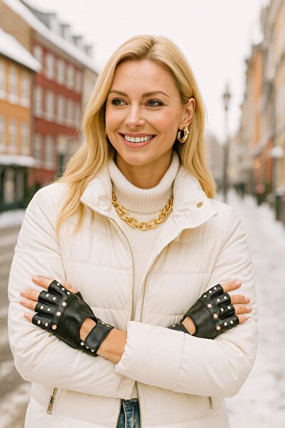 BALIENTE قفازات نسائية سوداء من الجلد مع فتحات