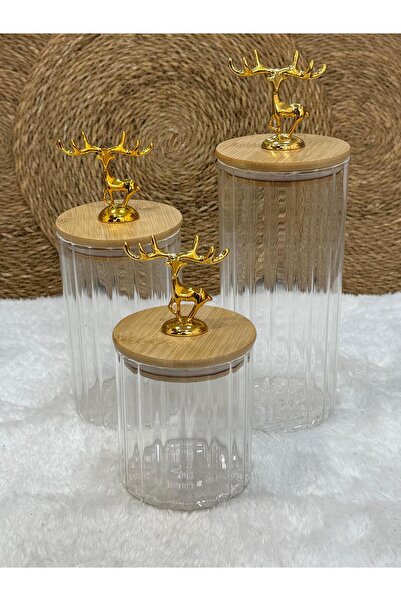 VESTA Concept 3’lü Geyik Kapaklı Vakumlu Baharatlık Seti – Cam Kavanoz Takımı
