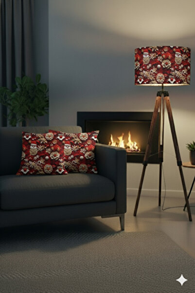 AdOz Lighting El Yapımı Kırmızı Yılbaşı Çiçek Desenli Kumaş Lambader Başlığı ( Sadece Başlık )