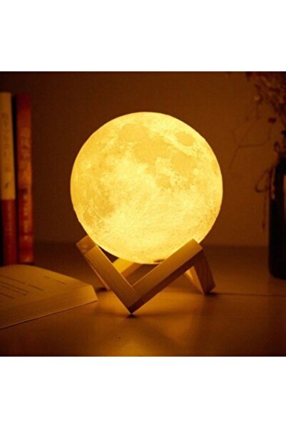 Genel Markalar AsonPlus 3D Moon Light Dekoratif Küre Gece Lambası Ahşap Standlı-Pilli-Orta Boy-Bandana Hediyeli