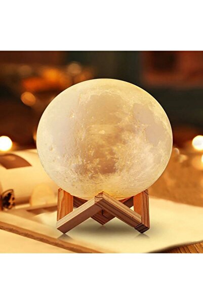 Genel Markalar AsonPlus 3D Moon Light Dekoratif Küre Gece Lambası Ahşap Standlı-Pilli-Orta Boy-Bandana Hediyeli
