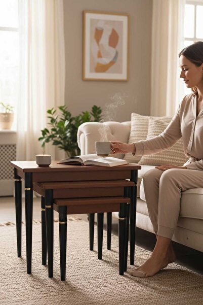 Akabesan Aksesuar Erce Serisi Dekoratif Ceviz Siyah Ayaklı Üst Kalite Kayın A...