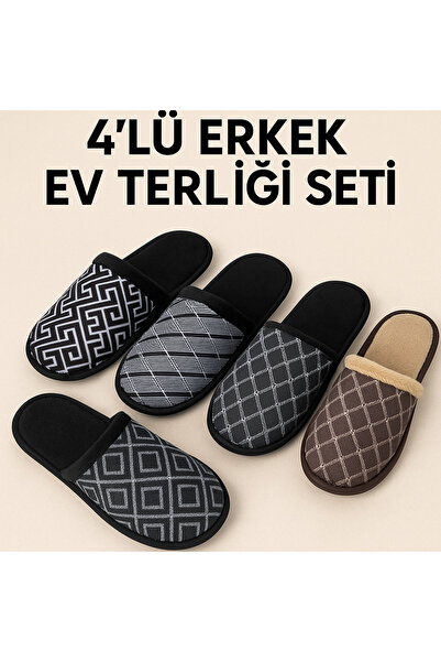 ALB TERLİK AYAKKABI SAN. TİC. LTD. ŞTİ. Men's 4-Piece Winter House Slipper Set - Non-Slip Sole, Warm and Comfortable, Dowry Slippers, Groom Slippers