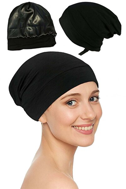 Linovit Casca de noapte pentru protecție a părului cu căptușeală din satin, Negru - Negru