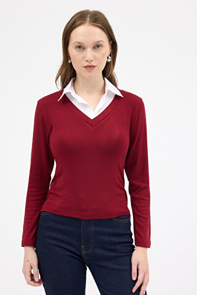 Rays بلوزة ذات ملمس ناعم باللون العنابي مع ياقة قميص 8198A