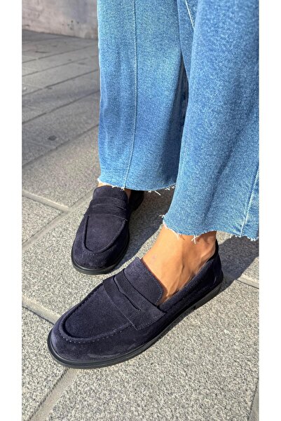 Eataly Shoes Kadın Düz Gerçek Deri Oxford Loafer Günlük Ayakkabı Lacivert