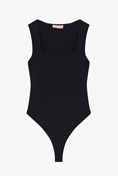 Quzu Square Neck Basic Bodysuit Black