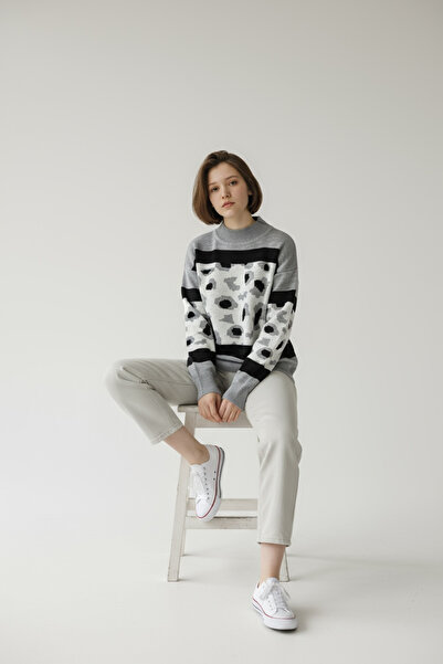 NEWCO Pulover tricotat cu model pe jumătate de gât – Model elegant cu combinație de modele geometrice și zebră