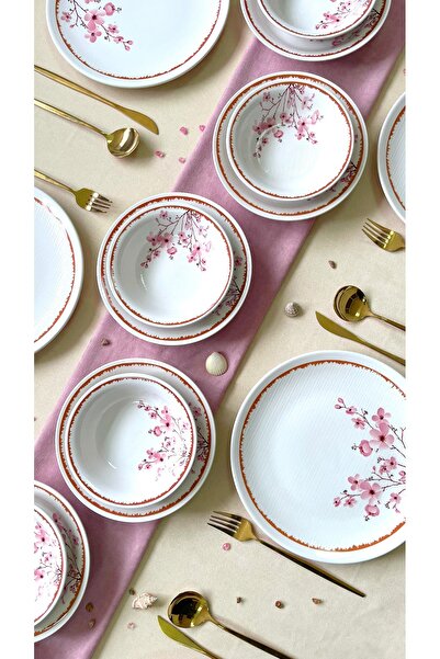 Erbaşlar Sakura Çiceği Lüx Seramik 18 Parça Yemek Takımı, 6 Kişilik Yemek Takımı