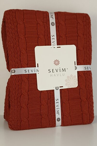 Sevim Double Pompom Knitwear Knitted Blanket - Soft and Stylish Design - Tile - Terra - 220X240 cm