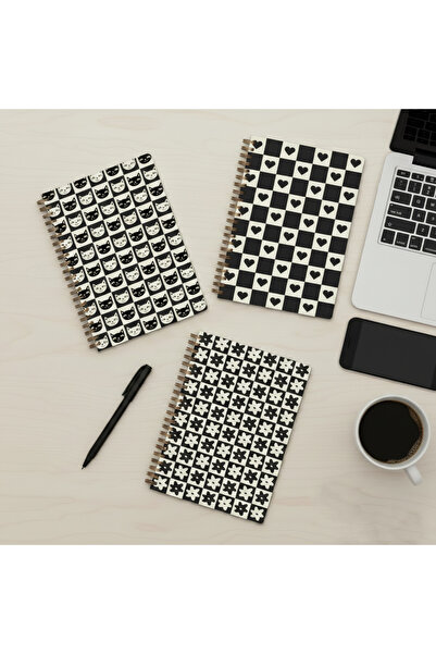 lin notebook A5 15x21 cm 3’lü Spiral Kareli Defter Seti - 80 Yaprak Siyah Beyaz Minimalist Okul, Not Defteri