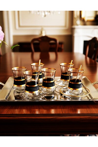 DECOSTYLE Dante Duru Siyah Dekorlu 18 Parça Cam Çay Takımı – 6 Çay Bardağı + ...