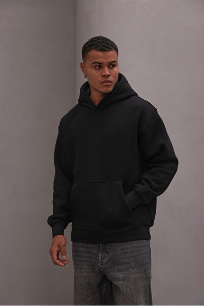 The Champ Clothing Men's Oversized Sweatshirt Hoodie Basic Black – Hooded , 3 Thread Fleece, Kangaroo Pocket