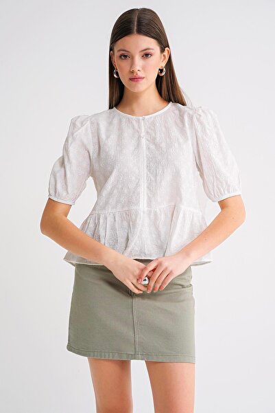 Mixray 4688 Women's Balloon Sleeve Floral Pattern Peplum Blouse White