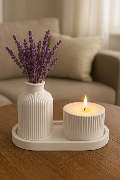 Store Beyaz Fitilli Vazo, Mum ve Oval Tepsi 3'lü Set - Modern Dekoratif Ev Ak...
