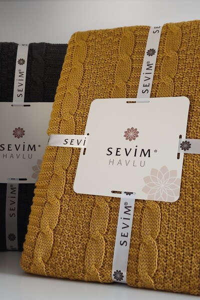 Sevim Tek Kişilik Triko Örme Battaniye - Yumuşak Dokulu & Şık Yatak Örtüsü-Örgü Battaniye - Hardal