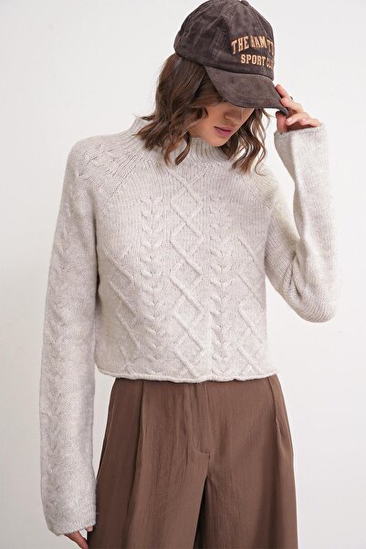 Mixray 6855 Kadın Dik Yaka Saç Örgülü Triko Kazak Taş