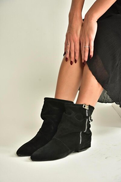 Fox Shoes V380518102 Siyah Süet Düz Taban Fermuar Detaylı Kadın Bot