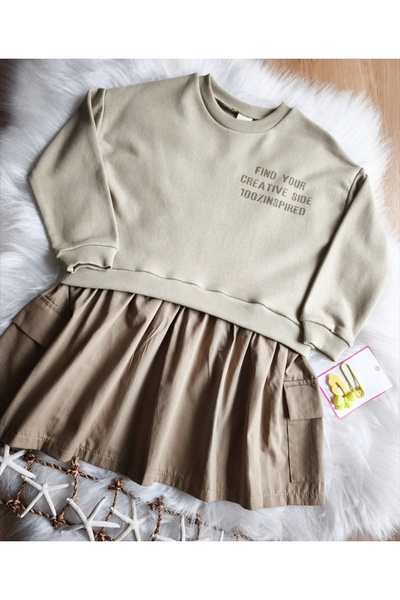 eladamoda Comfortable Cut Sweat Dress with Green Pocket Detail and Writing on the Front and Back